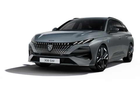 Peugeot 308 électrique gris, vue de trois quarts avant.