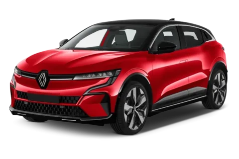 Renault Mégane E-Tech électrique rouge, vue de trois quarts avant.